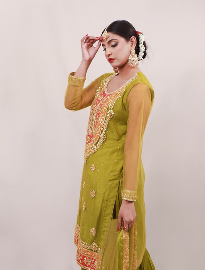 Mehndi Gota Dress - Lime Green