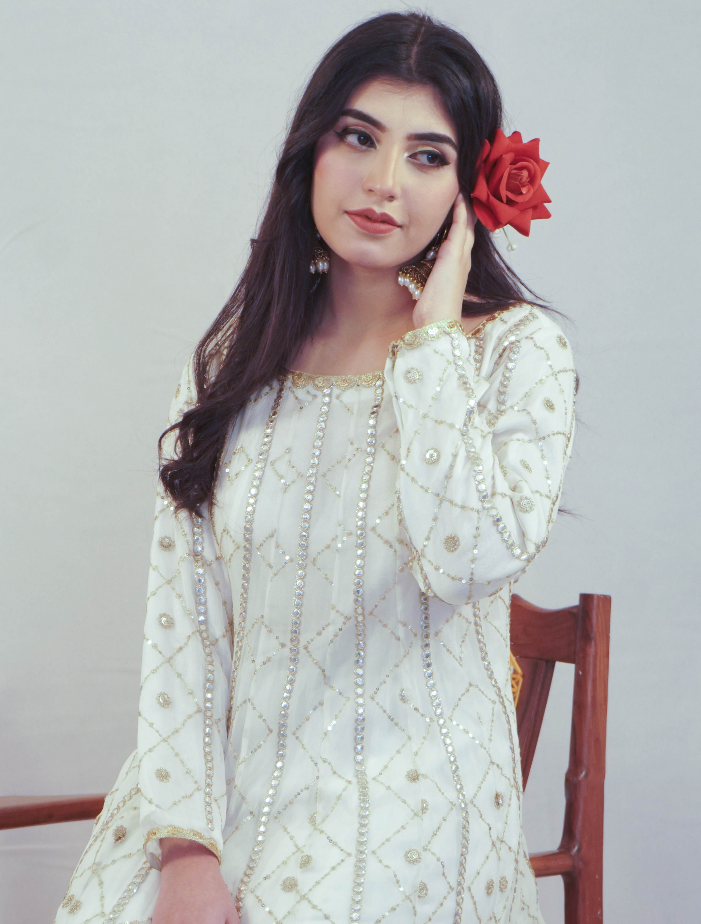 White Chikankari Kalidaar