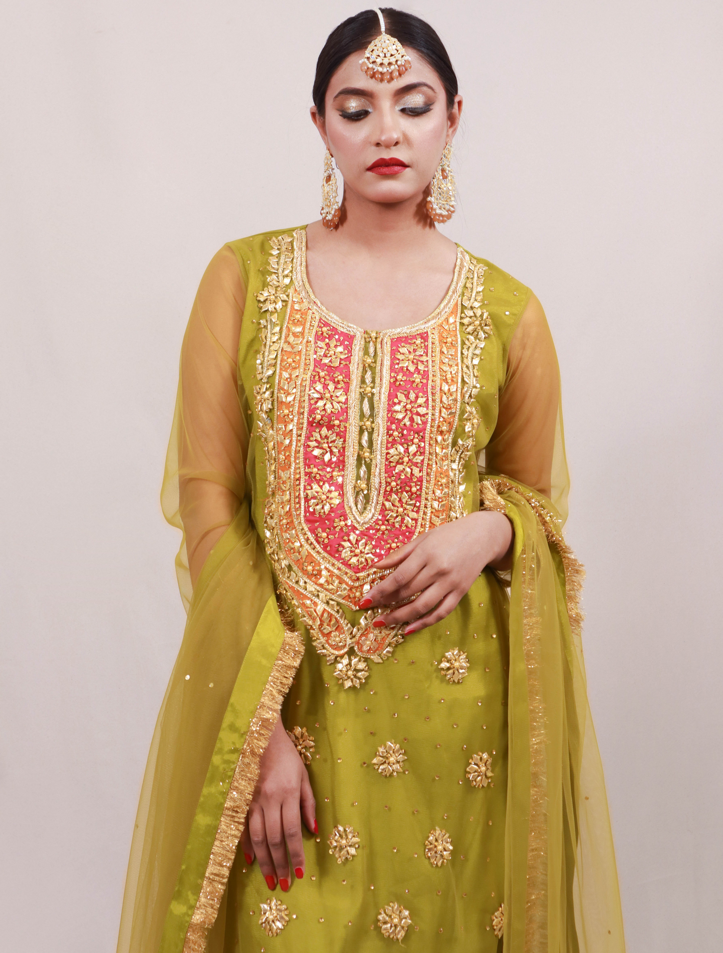 Mehndi Gota Dress - Lime Green