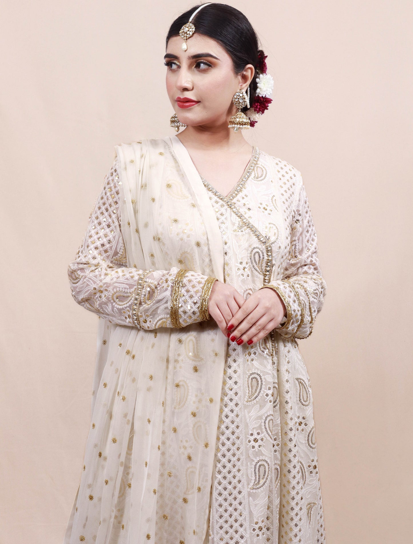 White Chikankari Angrakha