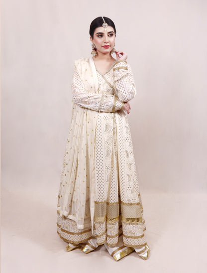 White Chikankari Angrakha