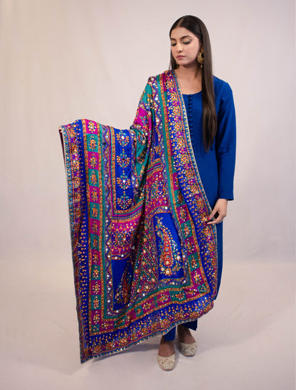 Silk Suit with Multicolored Mirror Dupatta