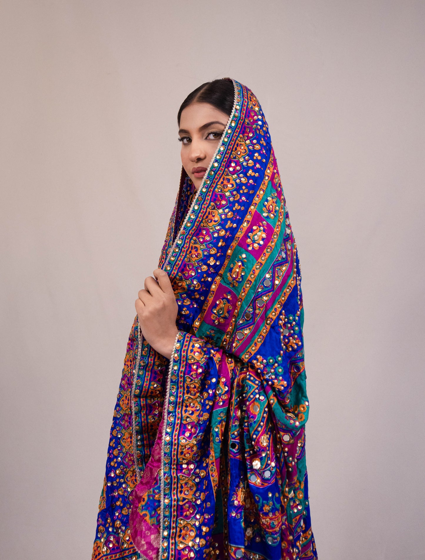 Silk Suit with Multicolored Mirror Dupatta