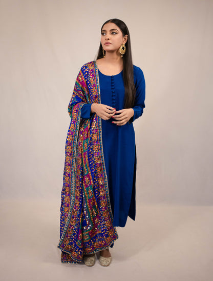 Silk Suit with Multicolored Mirror Dupatta