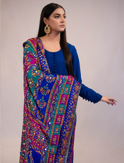 Silk Suit with Multicolored Mirror Dupatta