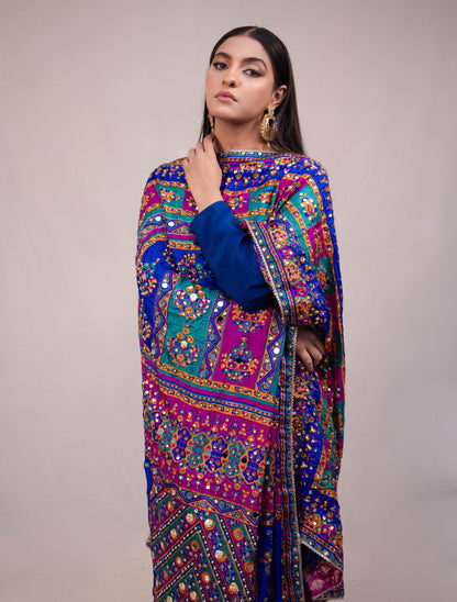 Silk Suit with Multicolored Mirror Dupatta