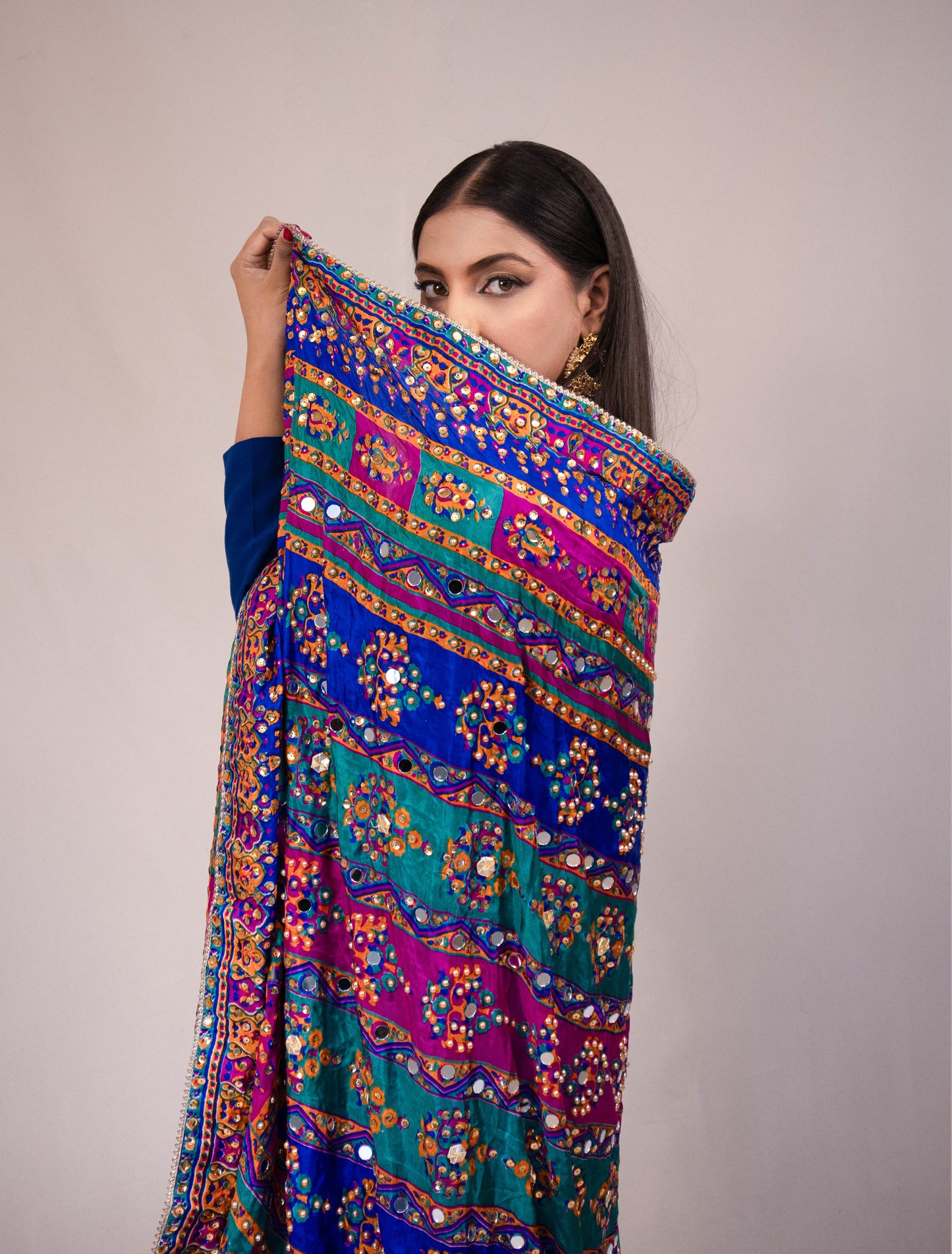 Silk Suit with Multicolored Mirror Dupatta