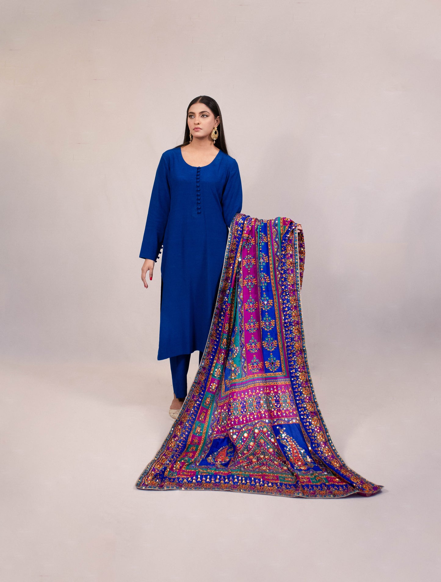 Silk Suit with Multicolored Mirror Dupatta