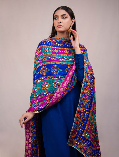 Silk Suit with Multicolored Mirror Dupatta