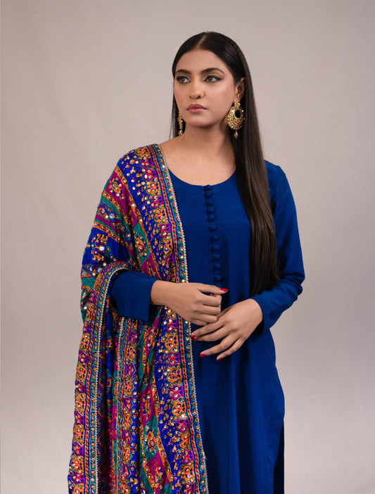 Silk Suit with Multicolored Mirror Dupatta