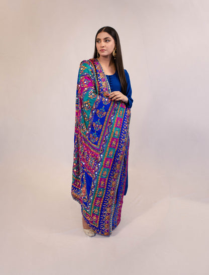 Silk Suit with Multicolored Mirror Dupatta